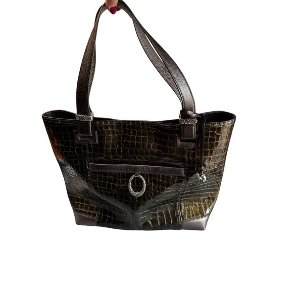 Brighton Jetson Laptop Tote Green Croc Embossed Patent Leather 14 Inch - Picture 2 of 12